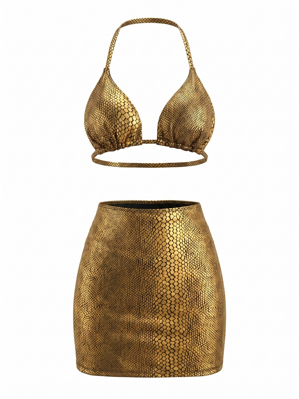Gold Metallic Snakeskin Bikini Set + Skirt 3 Piece Swim NWT Size [S/M]